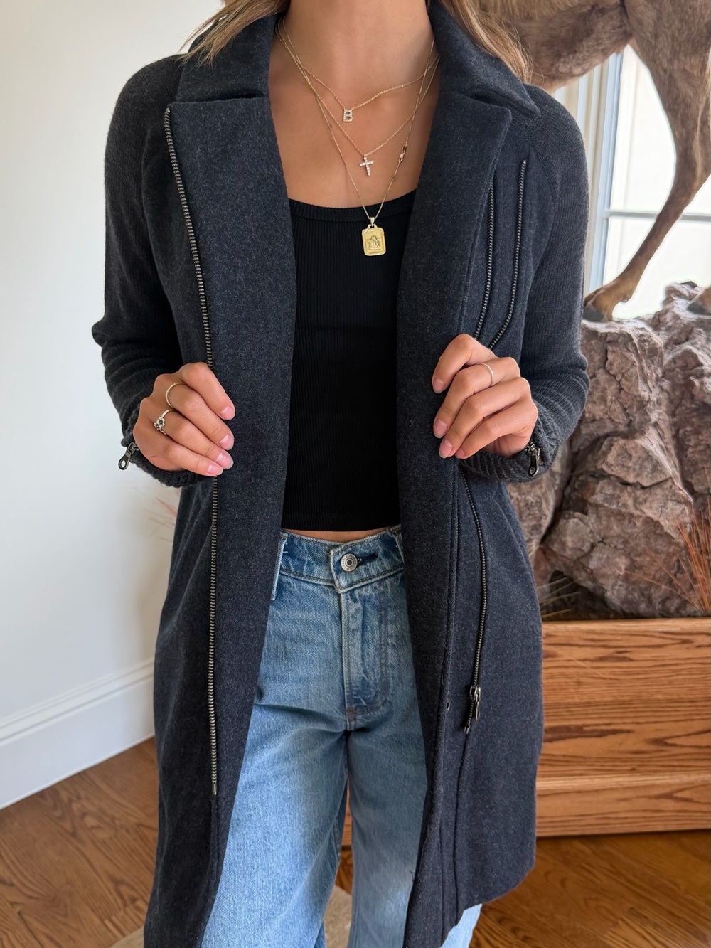 NWT Joie Ermie Merino Wool Zip Up Coat in Charcoal, S